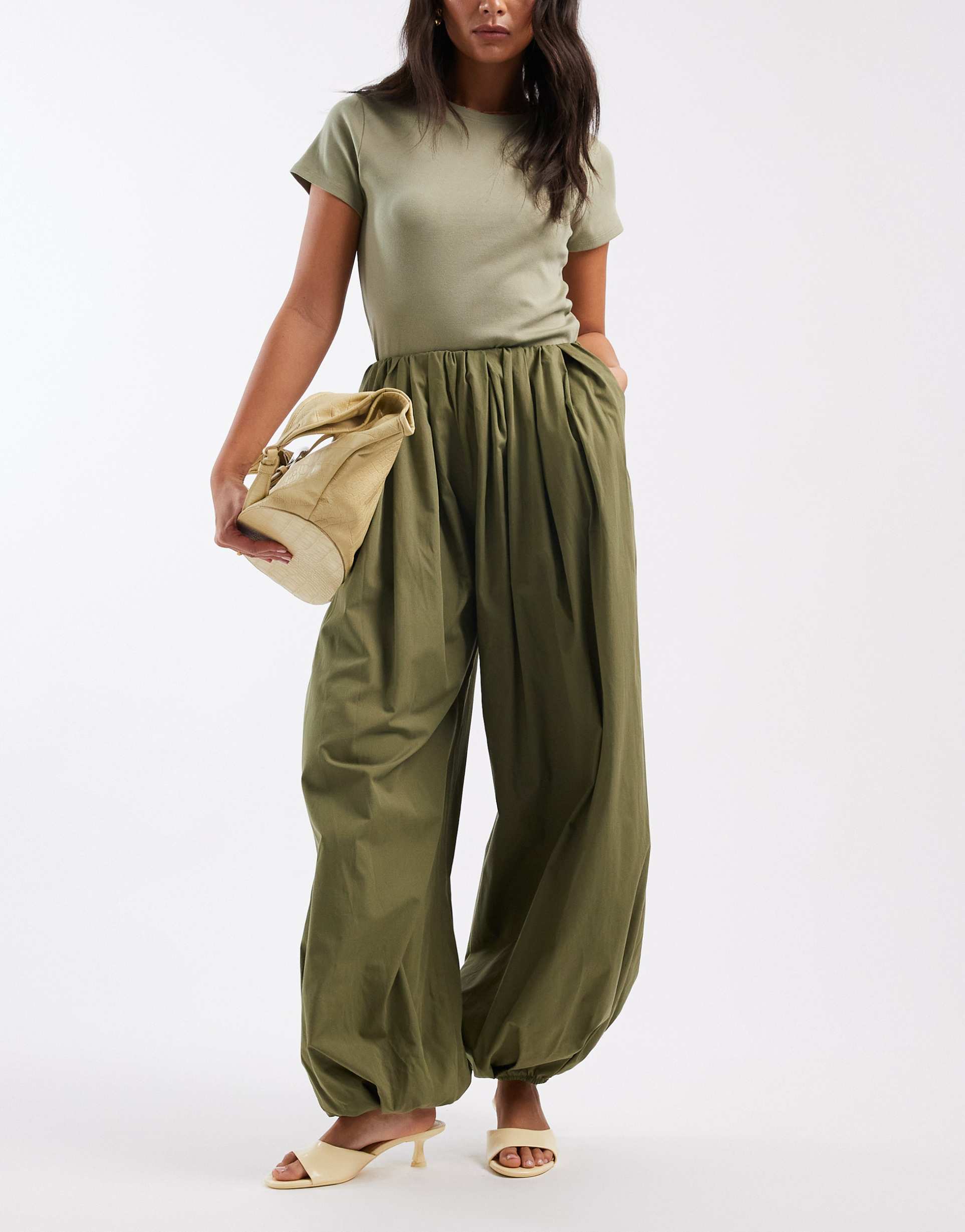 asos design bubble hem poplin pants in olive green