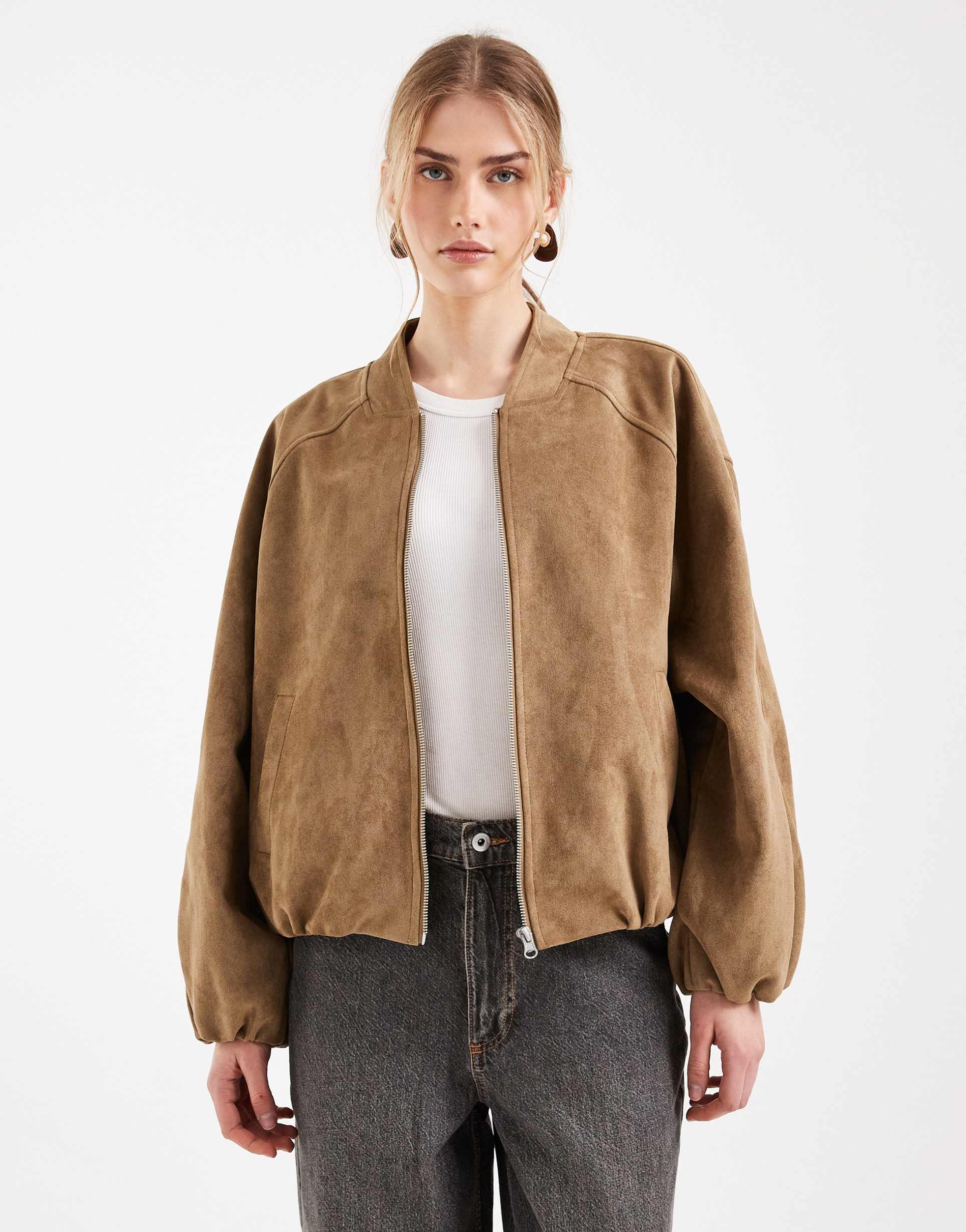 asos design bubble hem suedette bomber jacket in tan