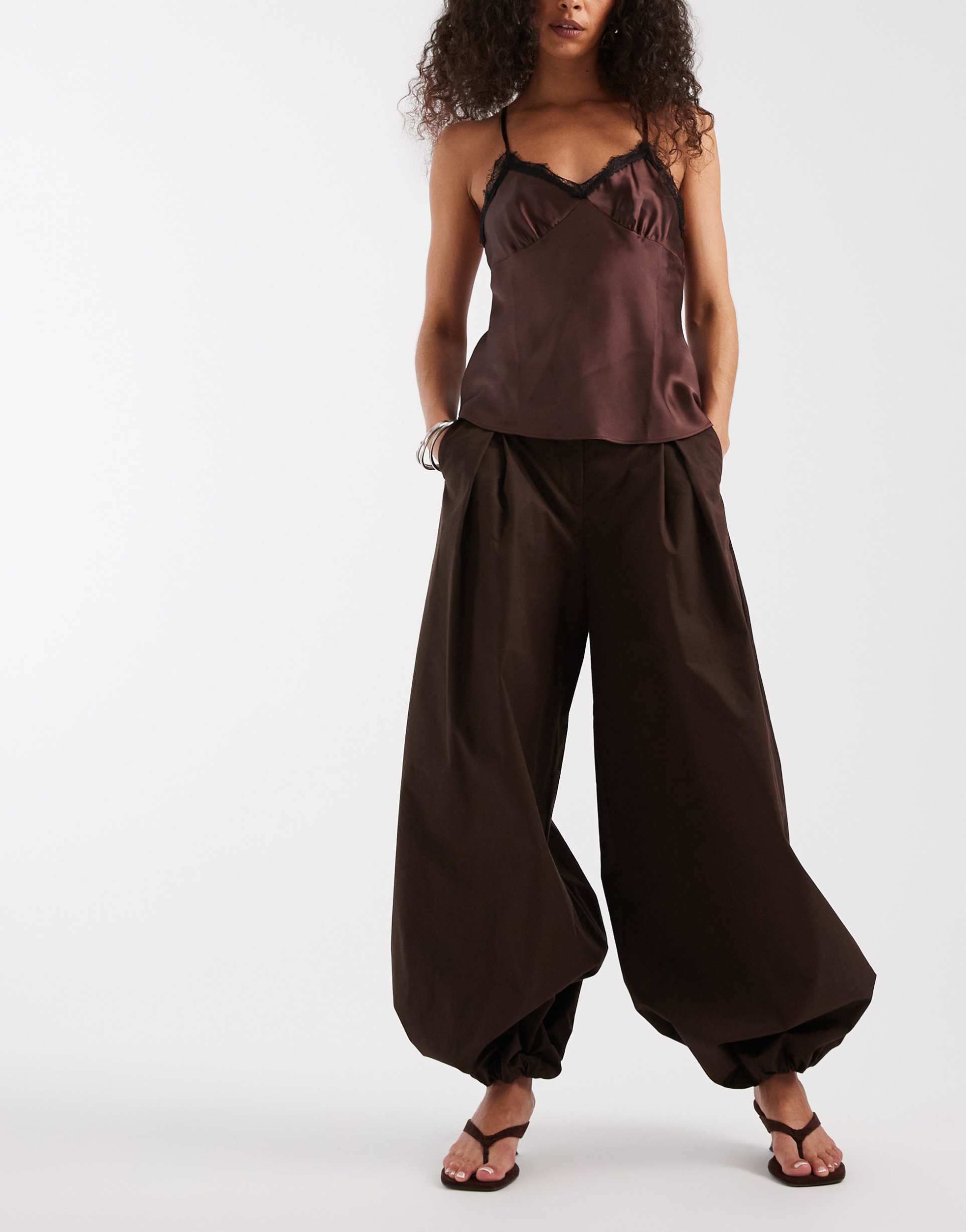 asos design bubble hem tailored balloon pants in brown