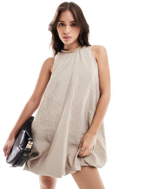 ASOS DESIGN bubble hem techy mini dress in sand - view 1