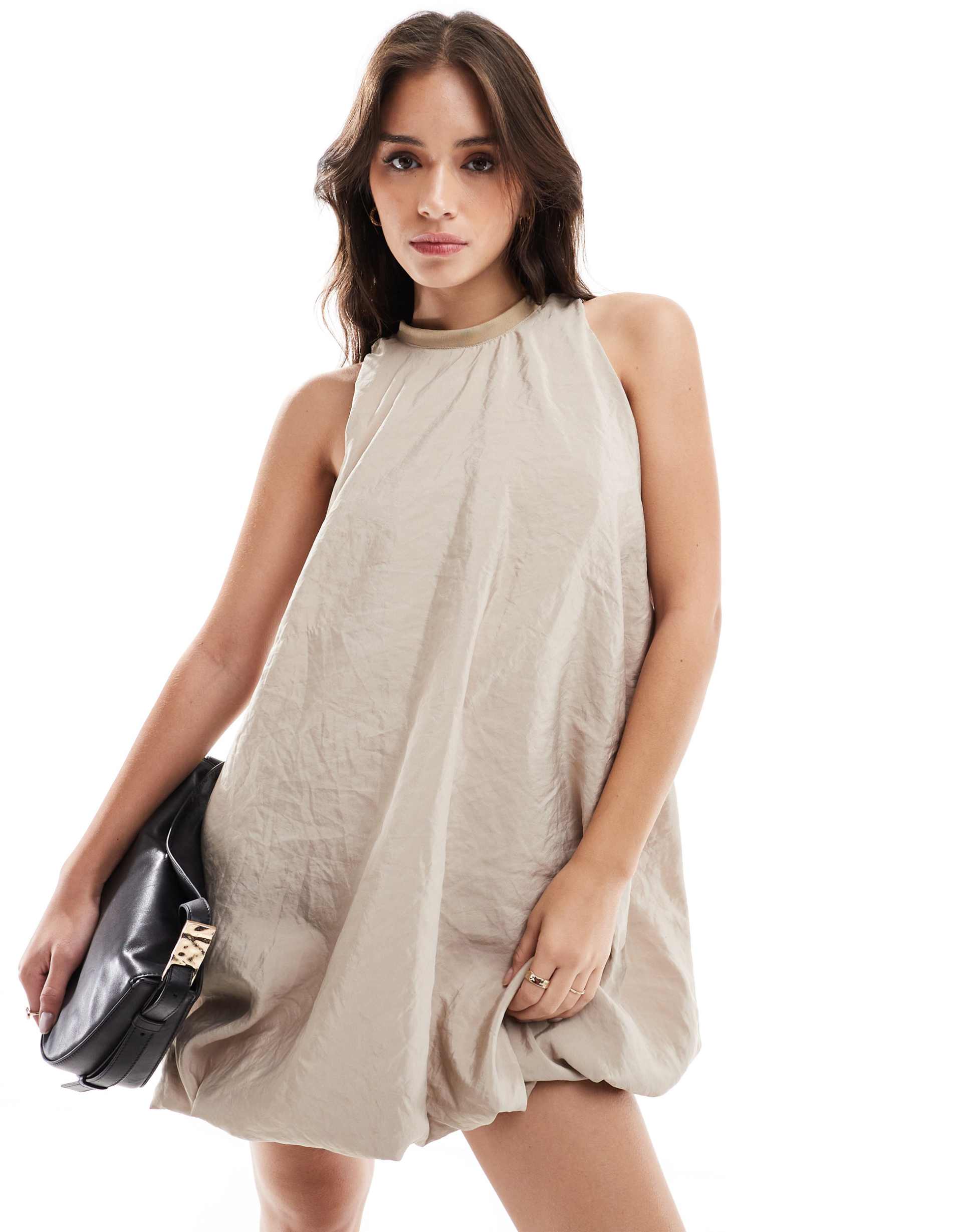 asos design bubble hem techy mini dress in sand