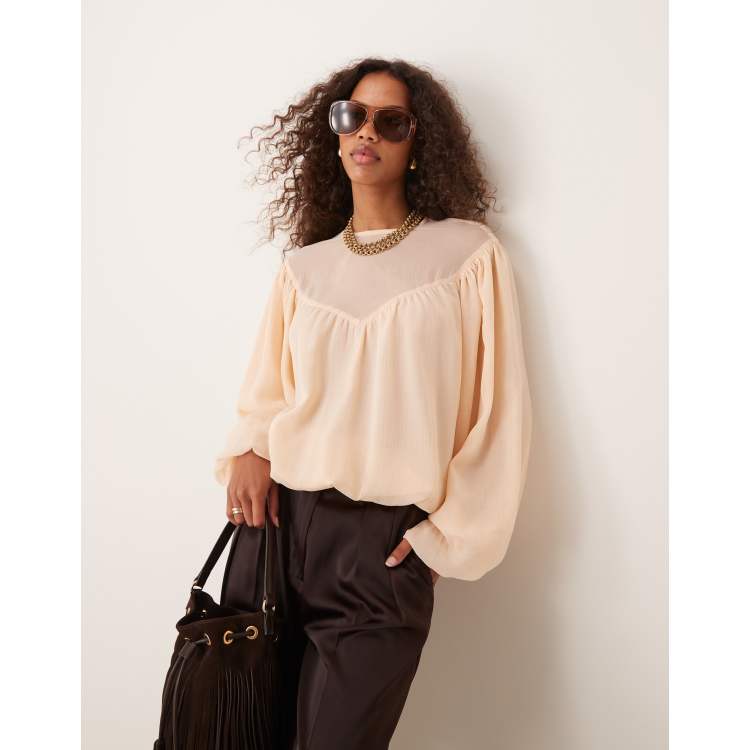 ASOS DESIGN bubble hem top with sheer yoke detail in peach