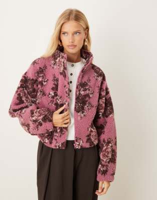 Asos Design Bubble Hem Zip Through Borg Fleece In Pink