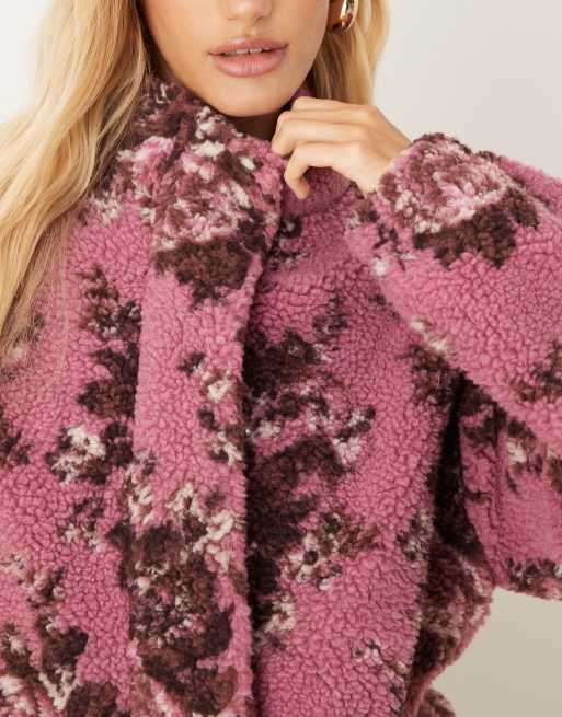 ASOS DESIGN bubble hem zip through borg fleece in pink and plum AOP floral design