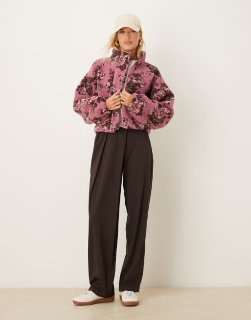 ASOS DESIGN bubble hem zip through borg fleece in pink and plum AOP floral design