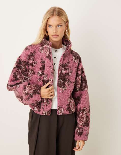 ASOS DESIGN bubble hem zip-through borg fleece jumper in pink and plum all-over print floral design - view 1