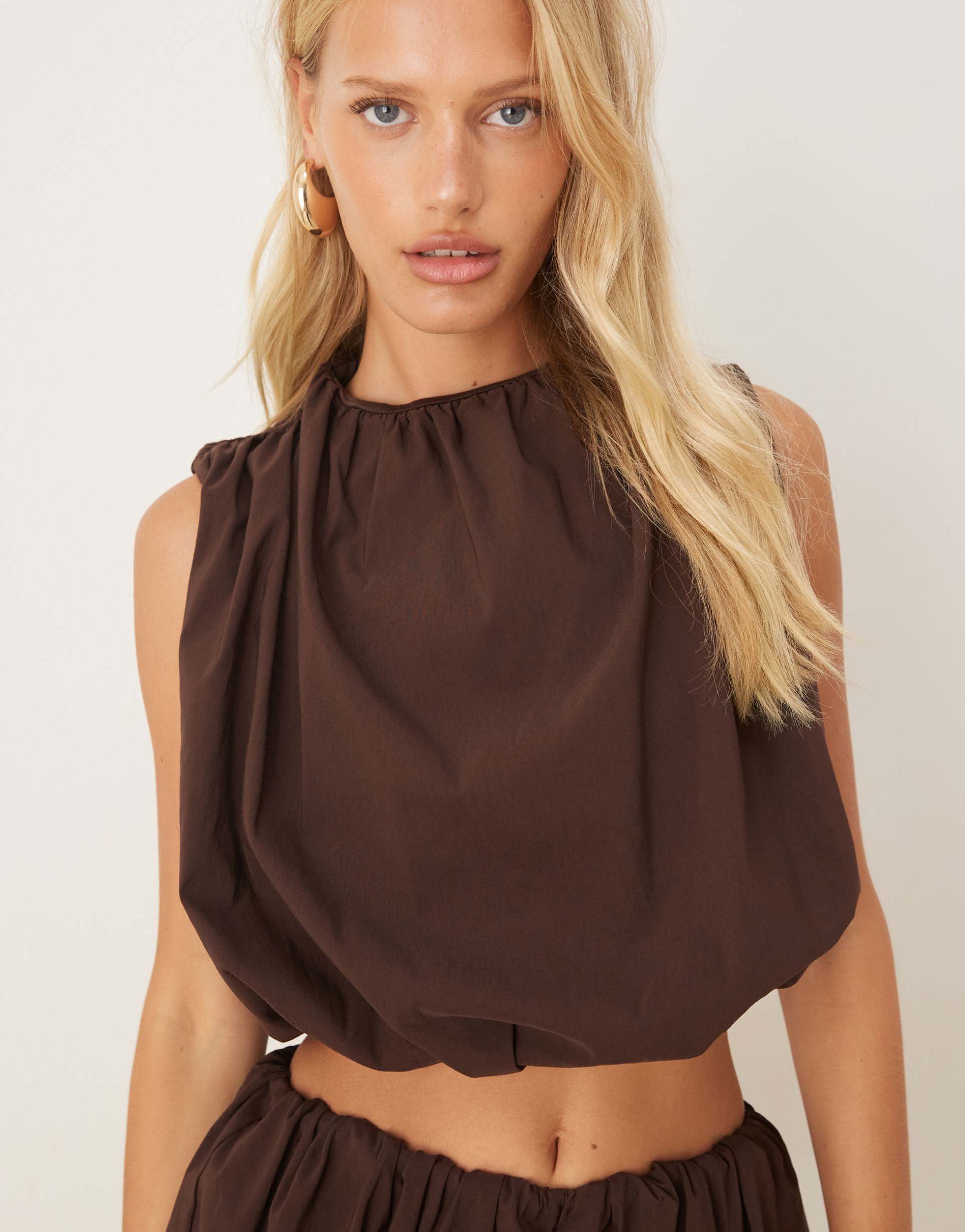 asos design bubble high neck top in brown - part of a set
