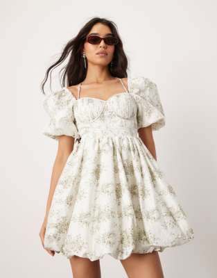 Asos Design Bubble Mini Dress With Pintuck Corset Bodice In Bow Floral Print-multi In White