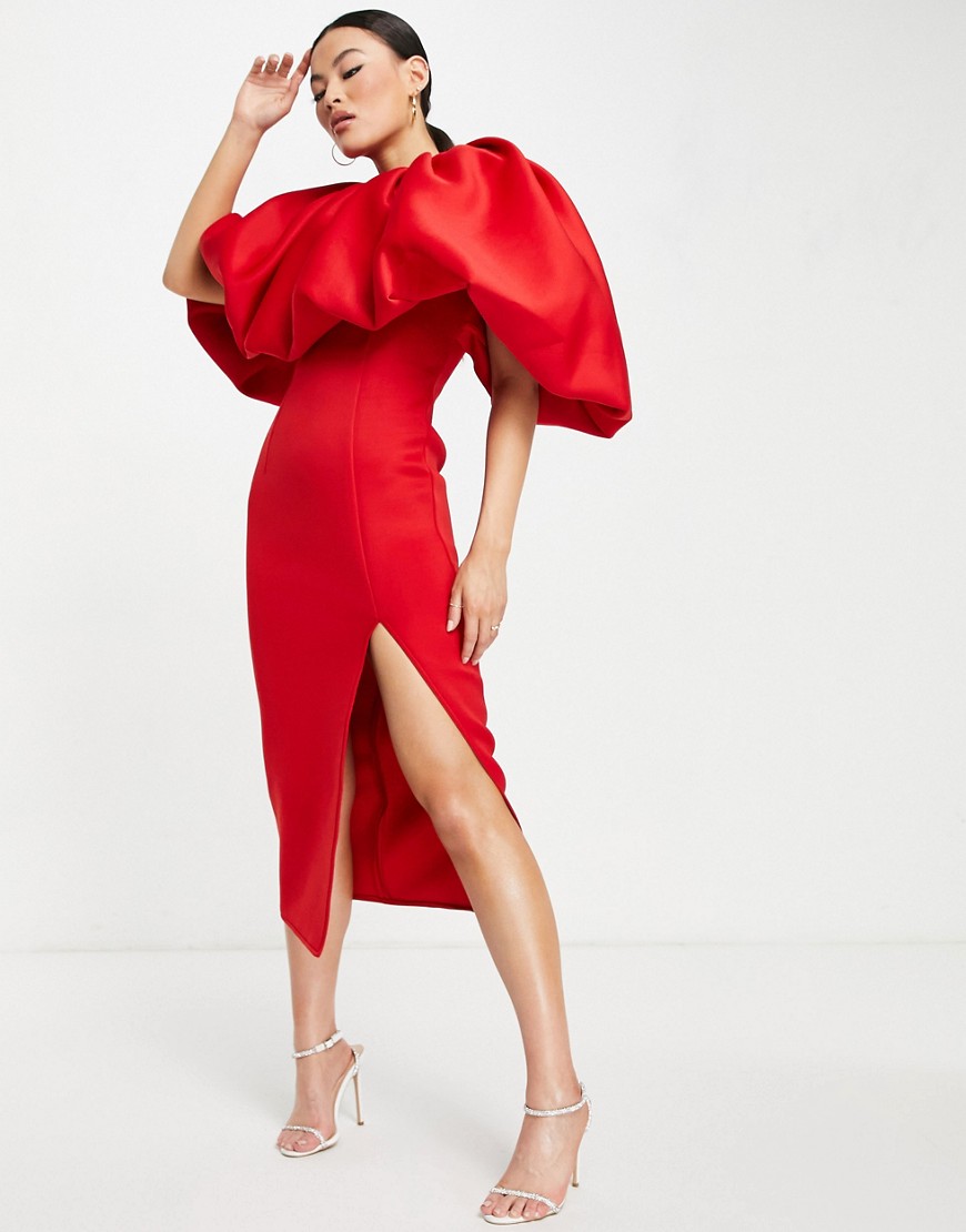 ASOS DESIGN bubble pencil midi dress with split in red