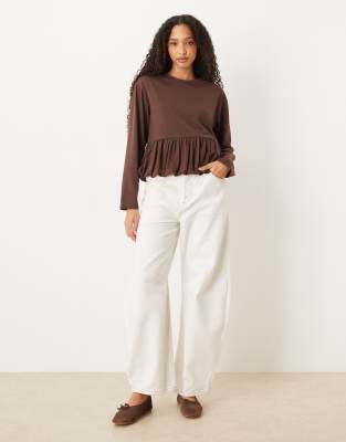 Asos Design Bubble Peplum Hem Long Sleeve Top In Brown