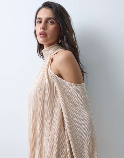 ASOS DESIGN bubble plissé miniklänning med hög krage i champagne, 2 av 5