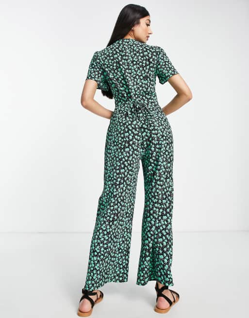 ASOS DESIGN bubble short sleeve tea culotte jumpsuit in black and green floral, 2 of 4