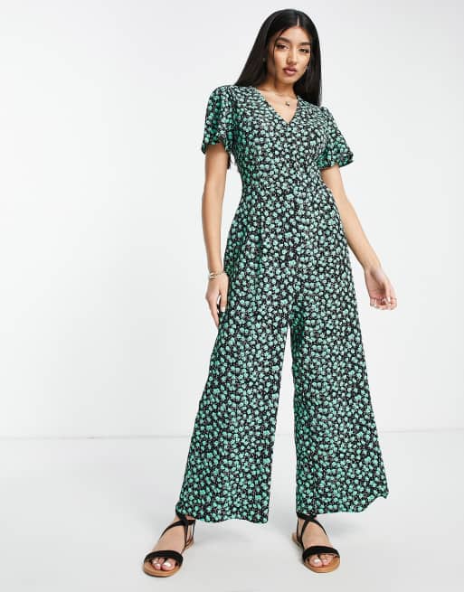 ASOS DESIGN bubble short sleeve tea culotte jumpsuit in black and green floral, 4 of 4