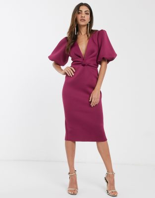 asos design bubble sleeve twist detail midi prom dress Asos Design Bubble Sleeve Twist Detail Midi Pencil Dress In Raspberry-pink