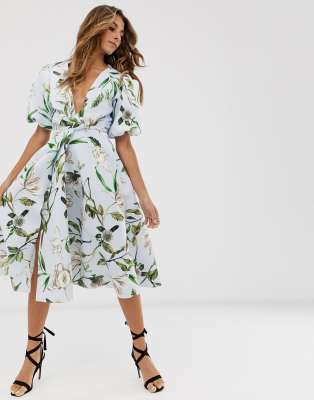 Bubble sleeve twist detail midi prom dress in floral ASOS DESIGN