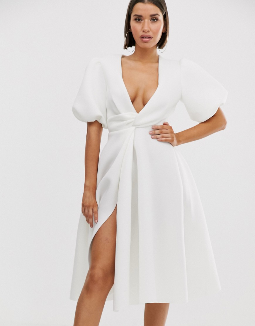 ASOS DESIGN bubble sleeve twist detail midi prom dress-White