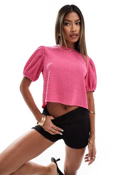 ASOS DESIGN bubble sleeved tie back top in pink - view 1