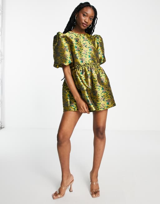 ASOS DESIGN bubble smock romper in floral brocade