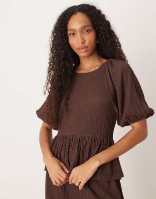 Asos Design Bubble Texture Long Sleeve Top In Brown