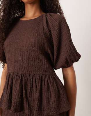 Asos Design Bubble Texture Long Sleeve Top In Brown