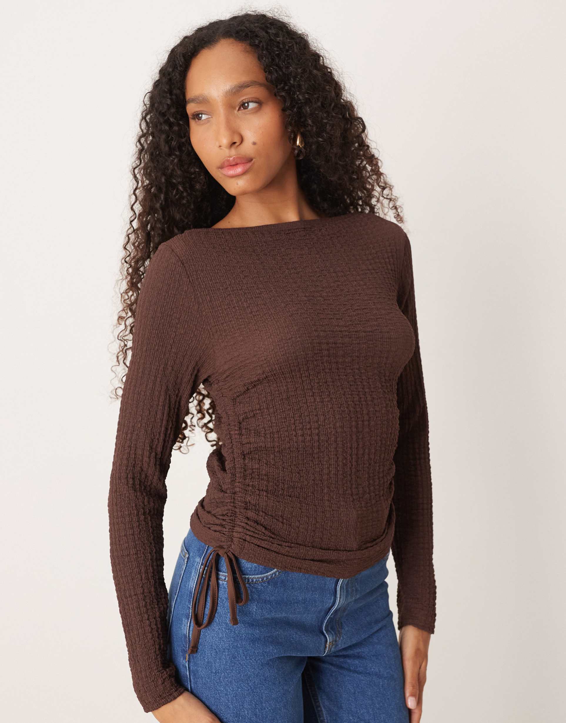 asos design bubble texture long sleeve top in chocolate