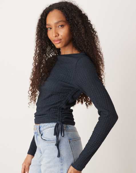ASOS DESIGN bubble texture long sleeve top in navy - view 1