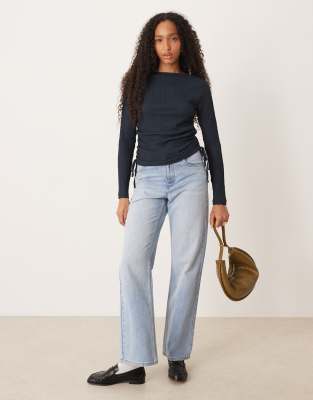 Asos Design Bubble Texture Long Sleeve Top In Blue