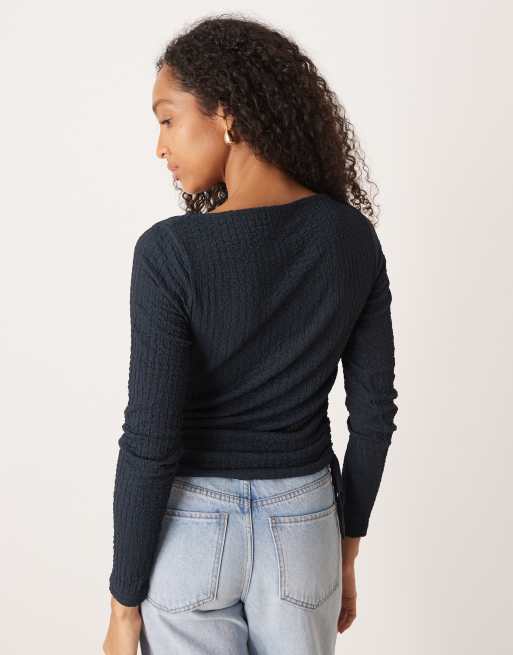 ASOS DESIGN bubble texture long sleeve top in navy, 3 of 4
