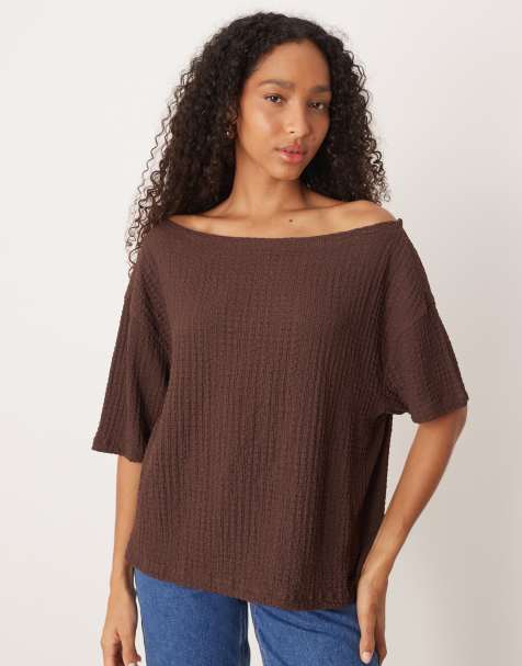 ASOS DESIGN bubble texture off shoulder top in chocolate - view 1