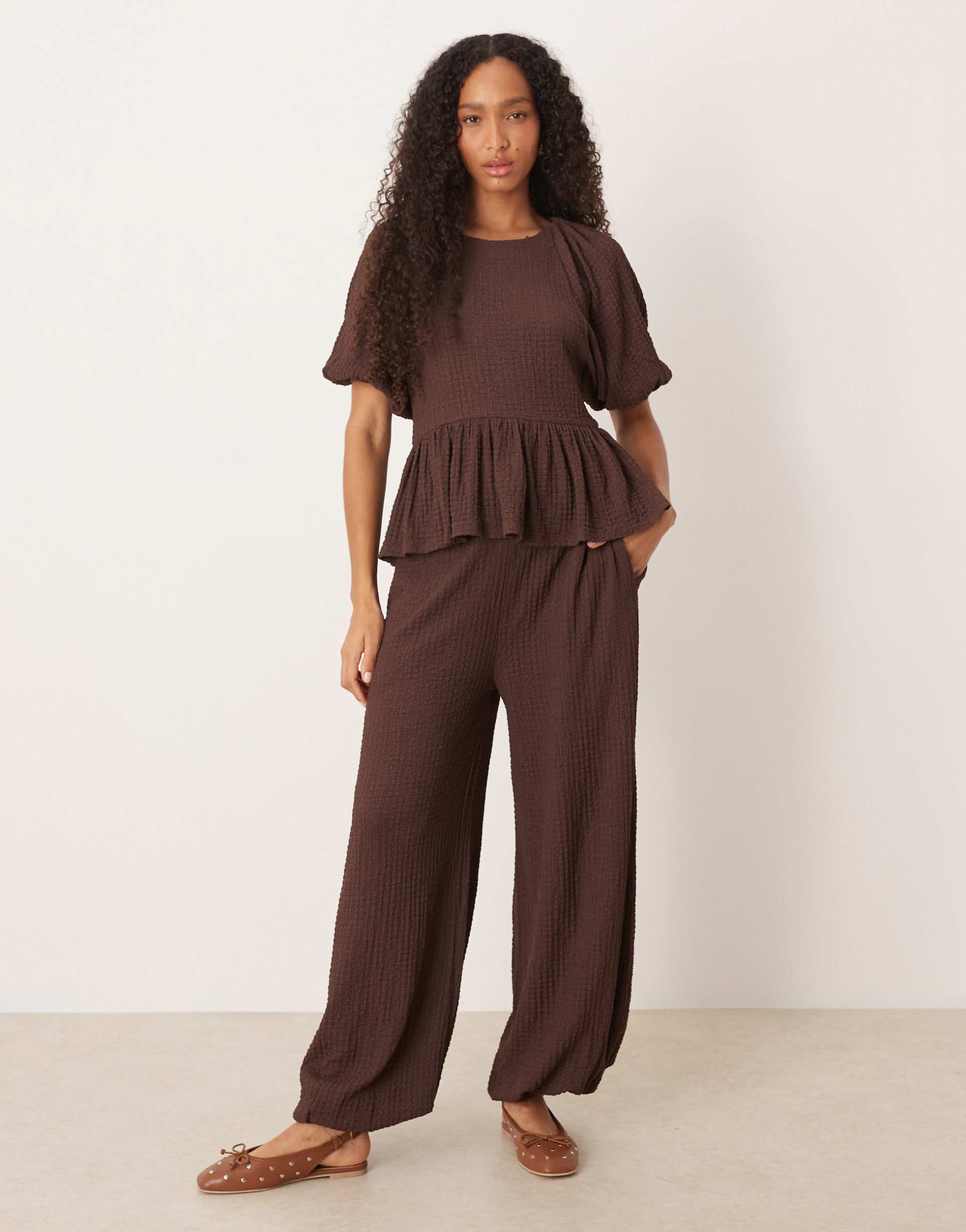 asos design bubble texture pants in chocolate - part of a set