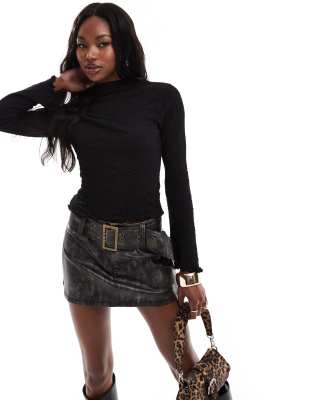 Asos Design Bubble Textured High Neck Long Sleeve Top In Black