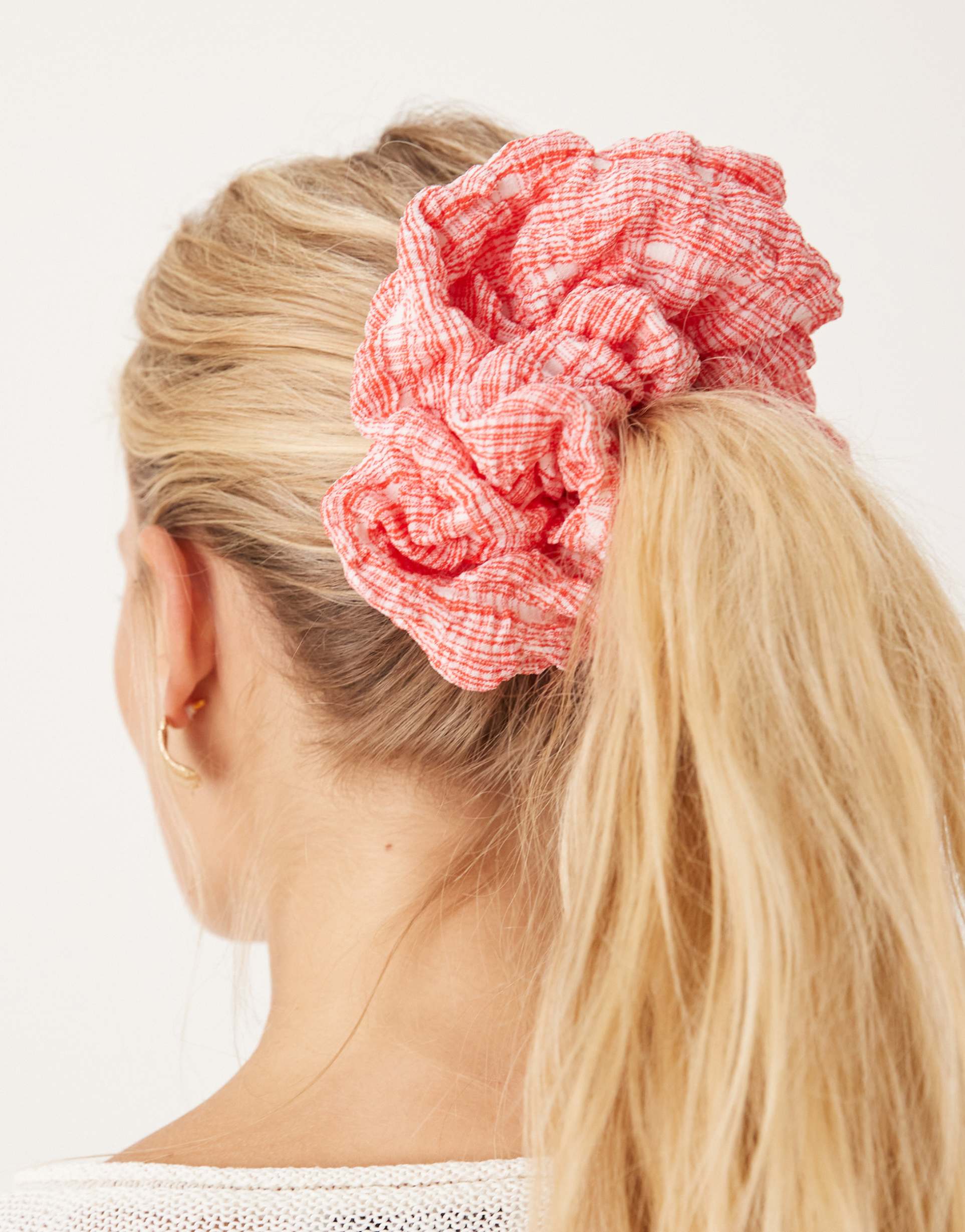 asos design bubble textured scrunchie in micro red and white plaid
