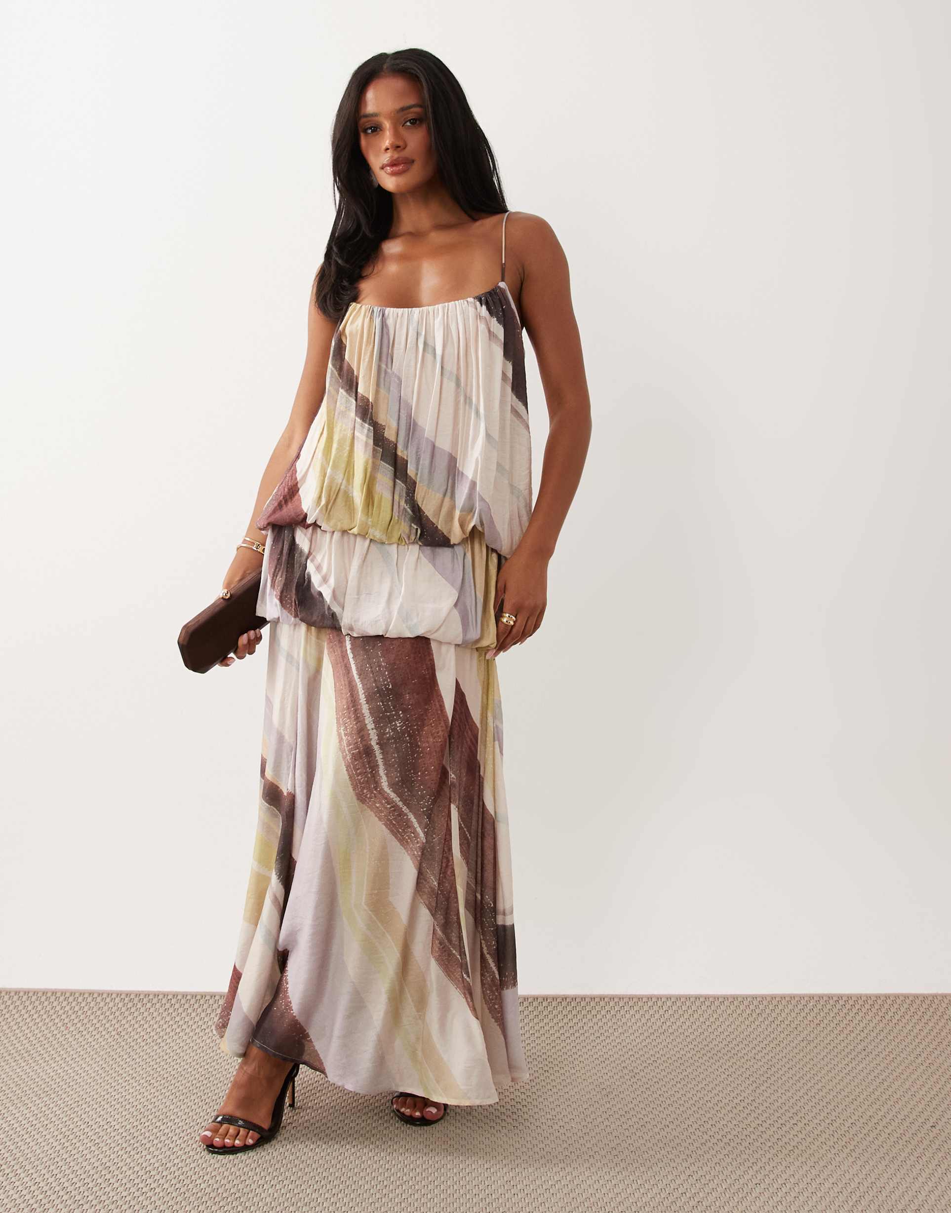 asos design bubble tiered cami strap maxi dress in abstract print