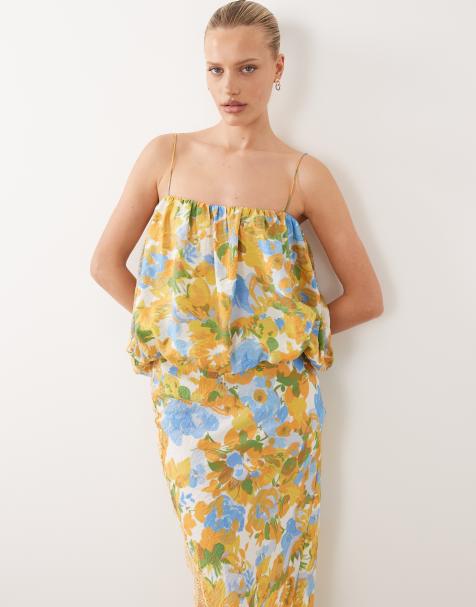 ASOS DESIGN bubble top lace applique midi dress in yellow floral - view 1