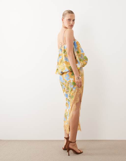 ASOS DESIGN bubble top lace applique midi dress in yellow floral, 3 of 4