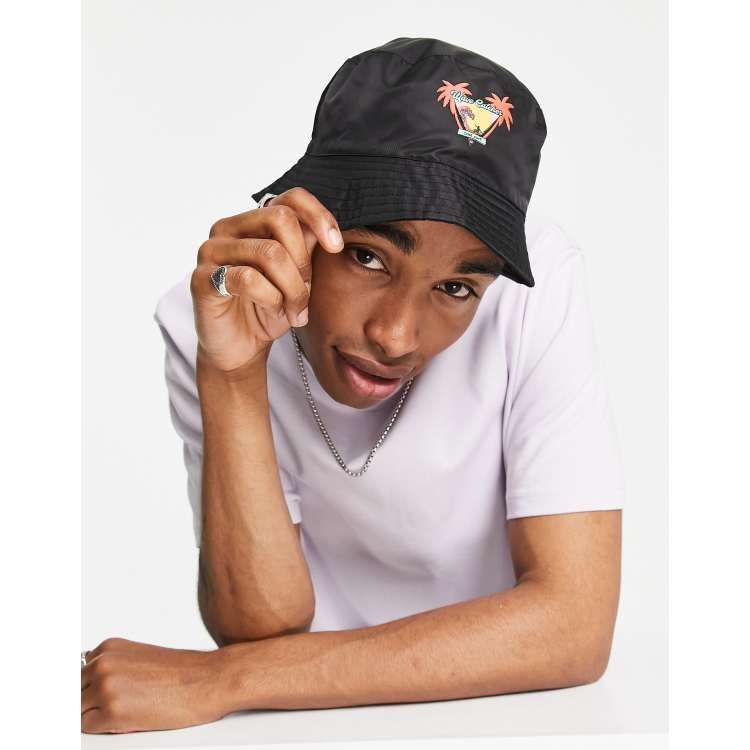 ASOS DESIGN bucket hat in black with surf print