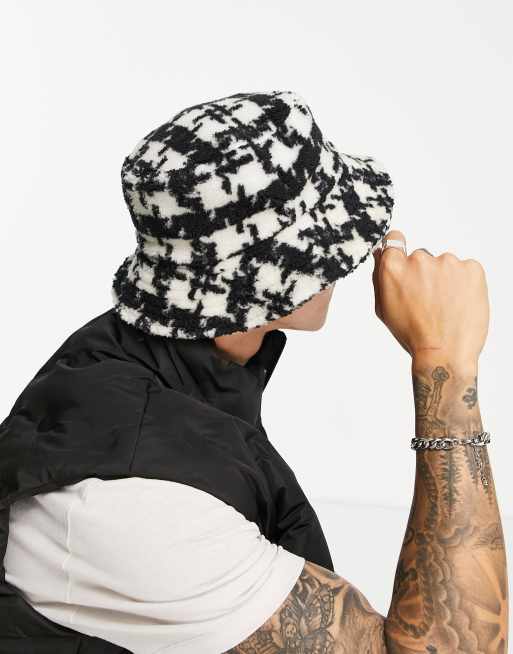 ASOS DESIGN bucket hat in borg with ecru and black design, 3 of 4