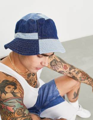 Asos Design Bucket Hat In Patchwork Denim-blue