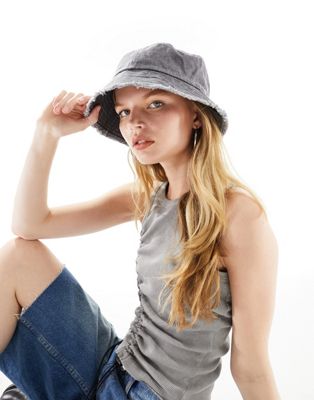 Asos Design Bucket Hat In Washed Black With Raw Edge