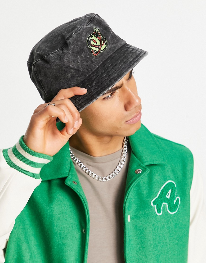 ASOS DESIGN bucket hat in washed black with smile