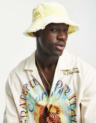 Asos Design Bucket Hat In Washed Lemon With Raw Edge-yellow