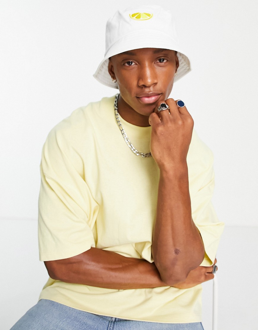 Asos Design Bucket Hat In White With Lemon Embroidery