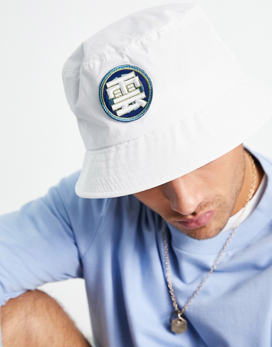 Asos Design Cotton Bucket Hat With Smile Embroidery In Ecru-white