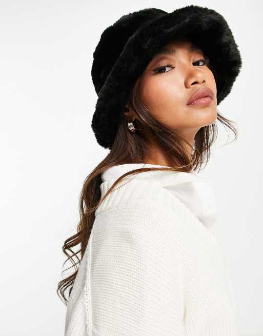 ASOS DESIGN - Bucket hat van imitatiebont met omgeslagen rand in zwart