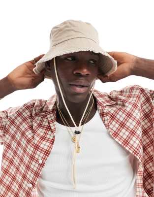 Asos Design Bucket Hat With Frayed Edge In Neutral