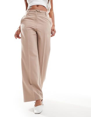 ASOS DESIGN buckle detail crop wide leg tailored trouser in taupe-Neutral