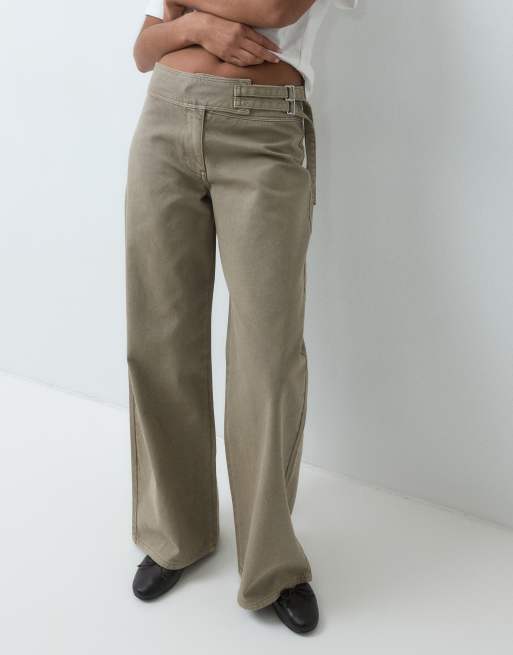 ASOS DESIGN buckle detail low waist wide in oat, 2 of 5
