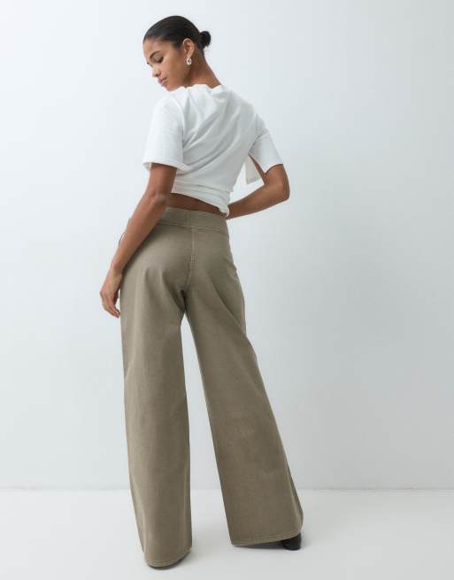 ASOS DESIGN buckle detail low waist wide in oat, 5 of 5