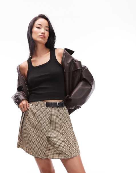 ASOS DESIGN buckle detail mini kilt skirt in brown plaid - view 1