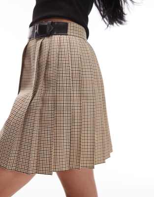 Asos Design Buckle Detail Mini Kilt Skirt In Brown